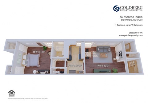 Floor plan for 1 bed, 1 bath, 814 sqft